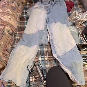 Patchwork denim wide leg boyfriend jeans